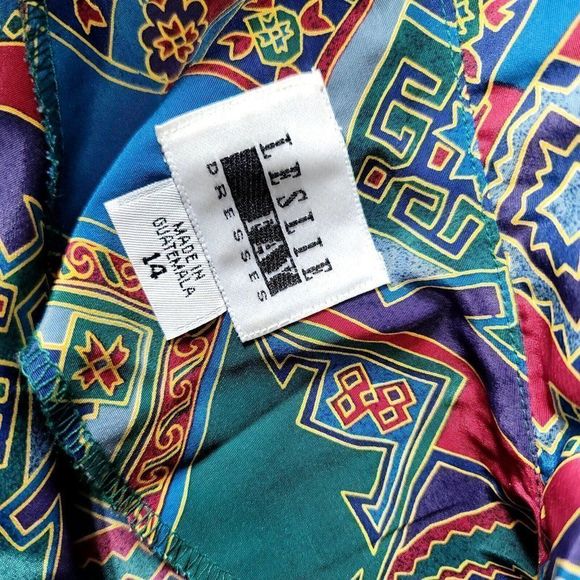 Vintage 80s Leslie Fay 12 Geo Abstract Button Front Shirt Midi Dress - Picture 8 of 10